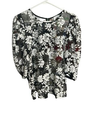 Wicked Majesty Black Sheer Floral Lace Blouse with White Embroidery